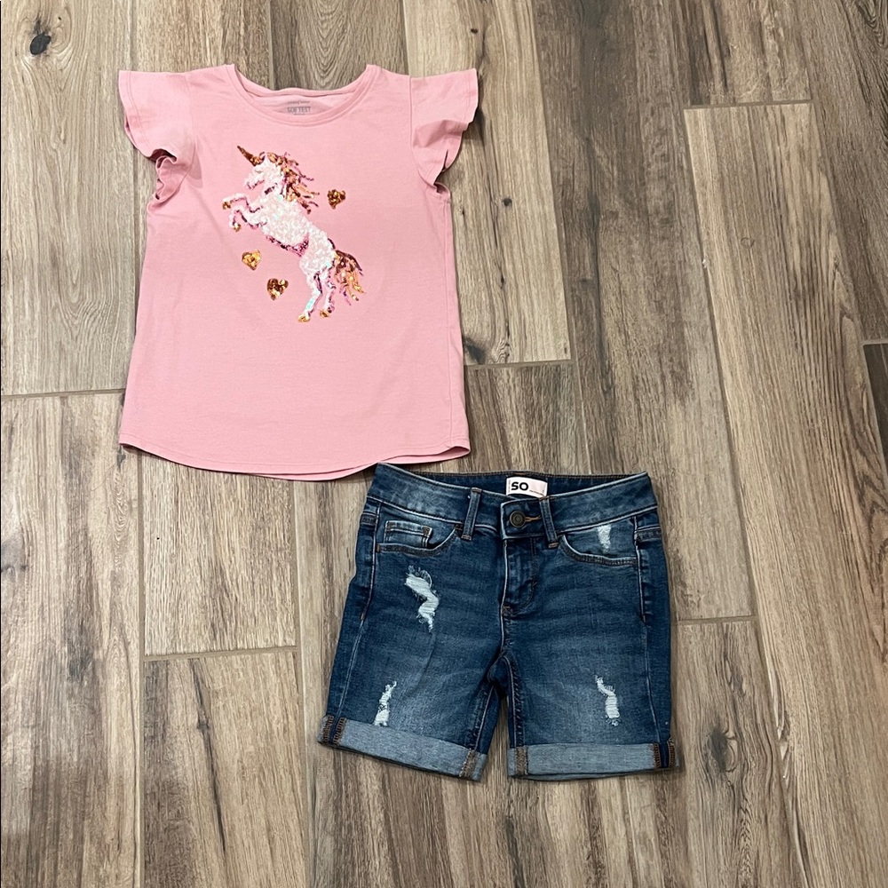 SO Pink Unicorn Tee with Denim Shorts Size
7
